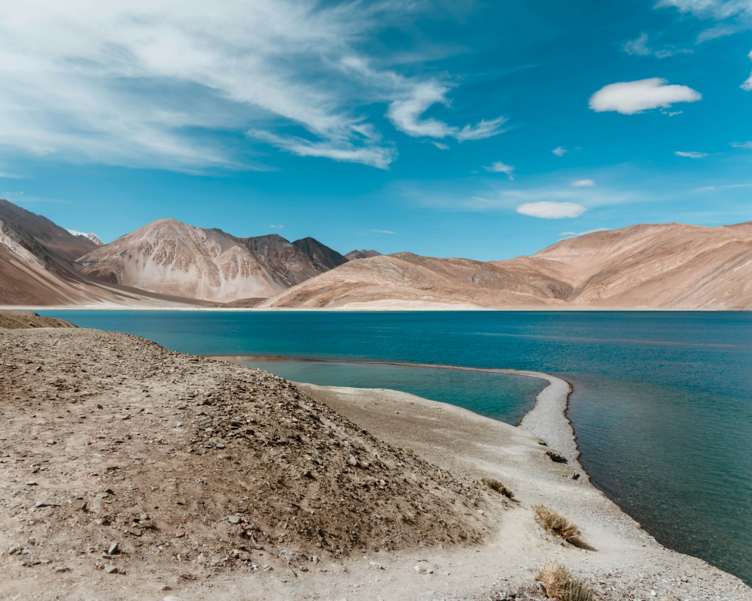 Pangong Tso's chromatic blue waters with snow-capped peaks