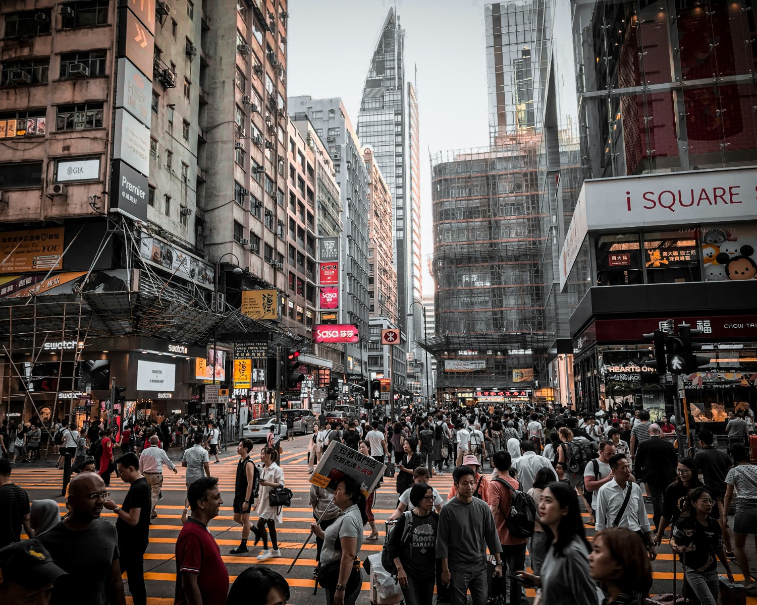 Nathan Road in Tsim Sha Tsui with neon lights and shops