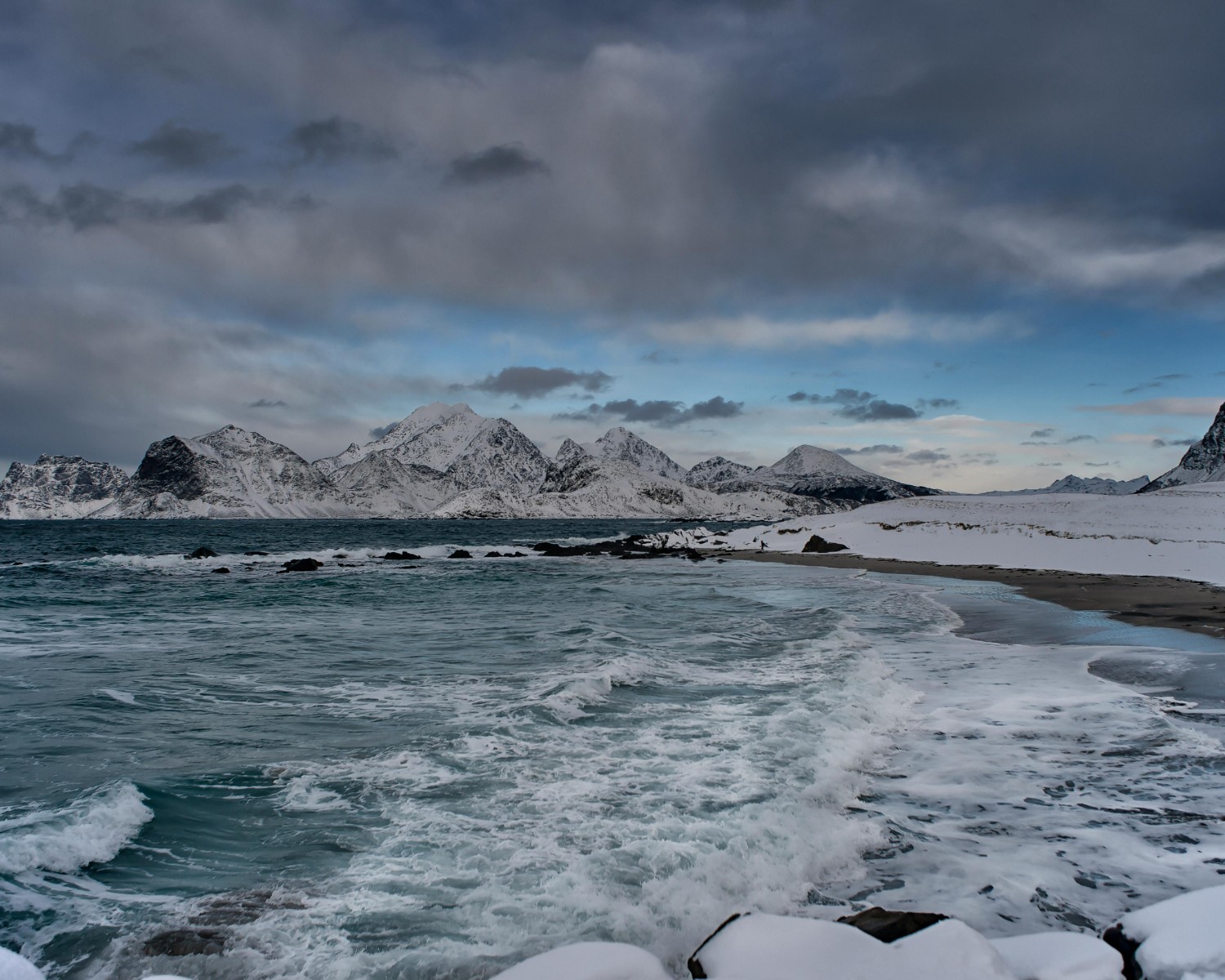 Lofoten Islands with dramatic peaks rising from the Arctic Ocean