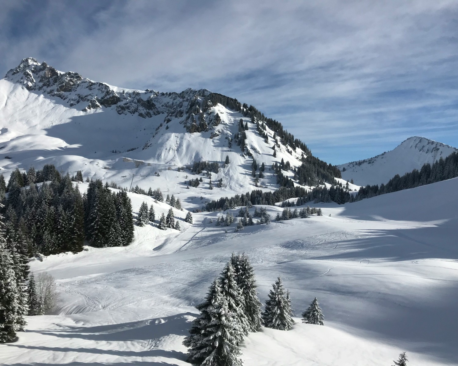 Snow-capped Alpine peaks above ski slopes