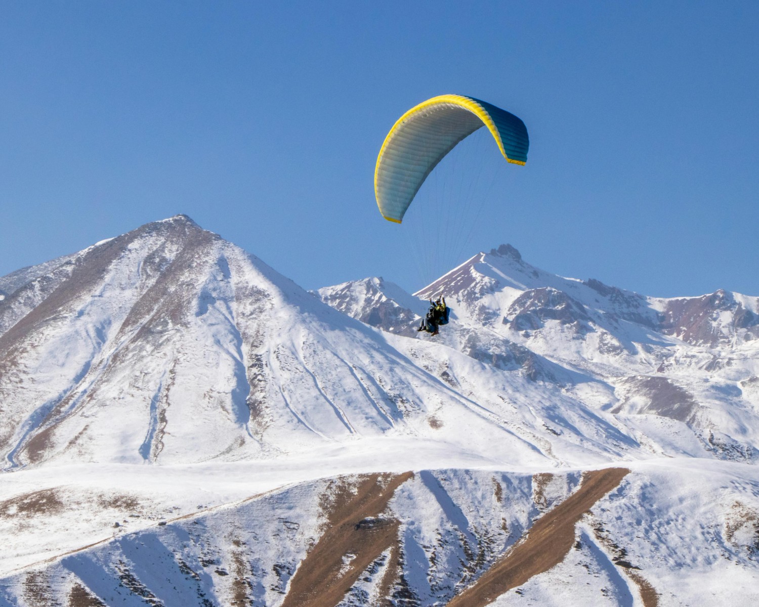 Paraglider soaring above Alpine peaks