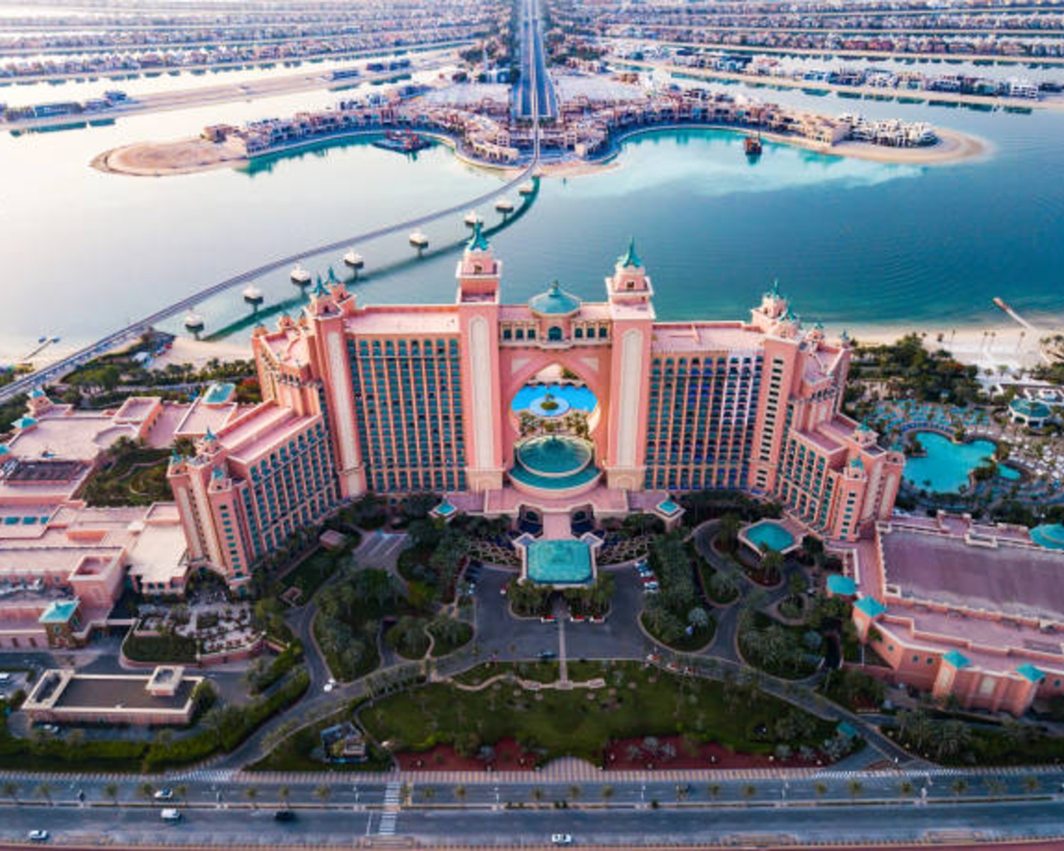Palm Jumeirah's iconic crescent shape with Atlantis