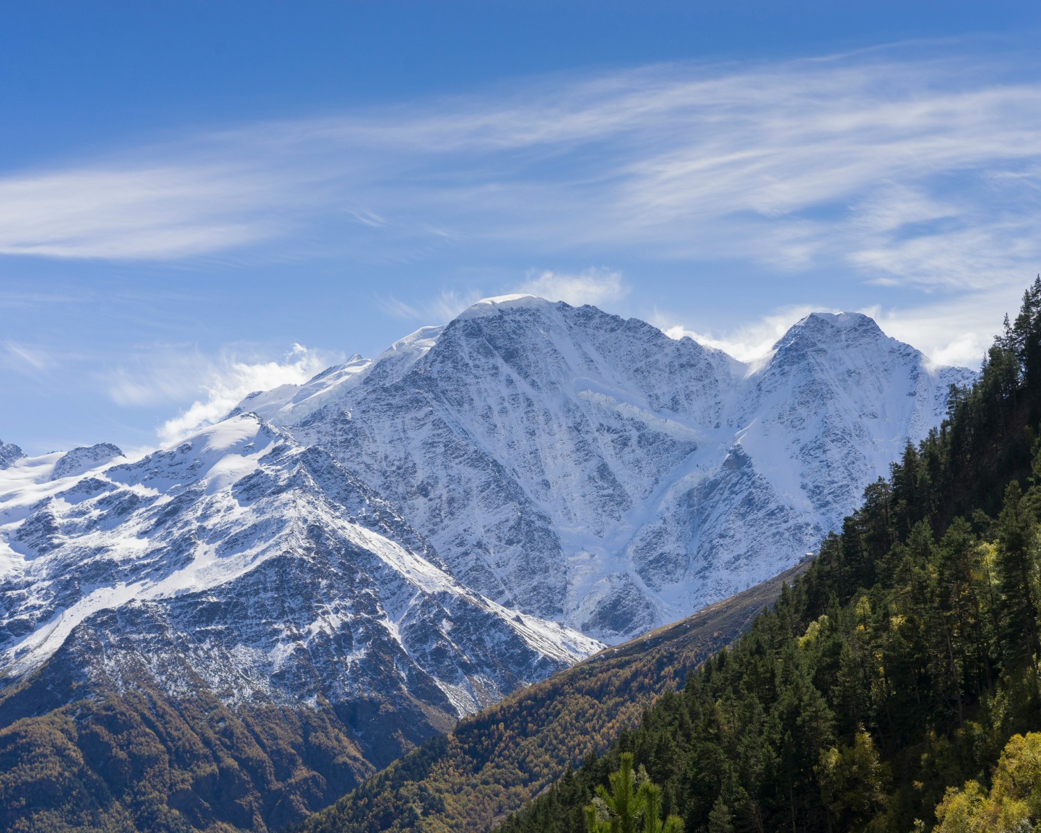 Iconic view of Mount Everest and surrounding peaks